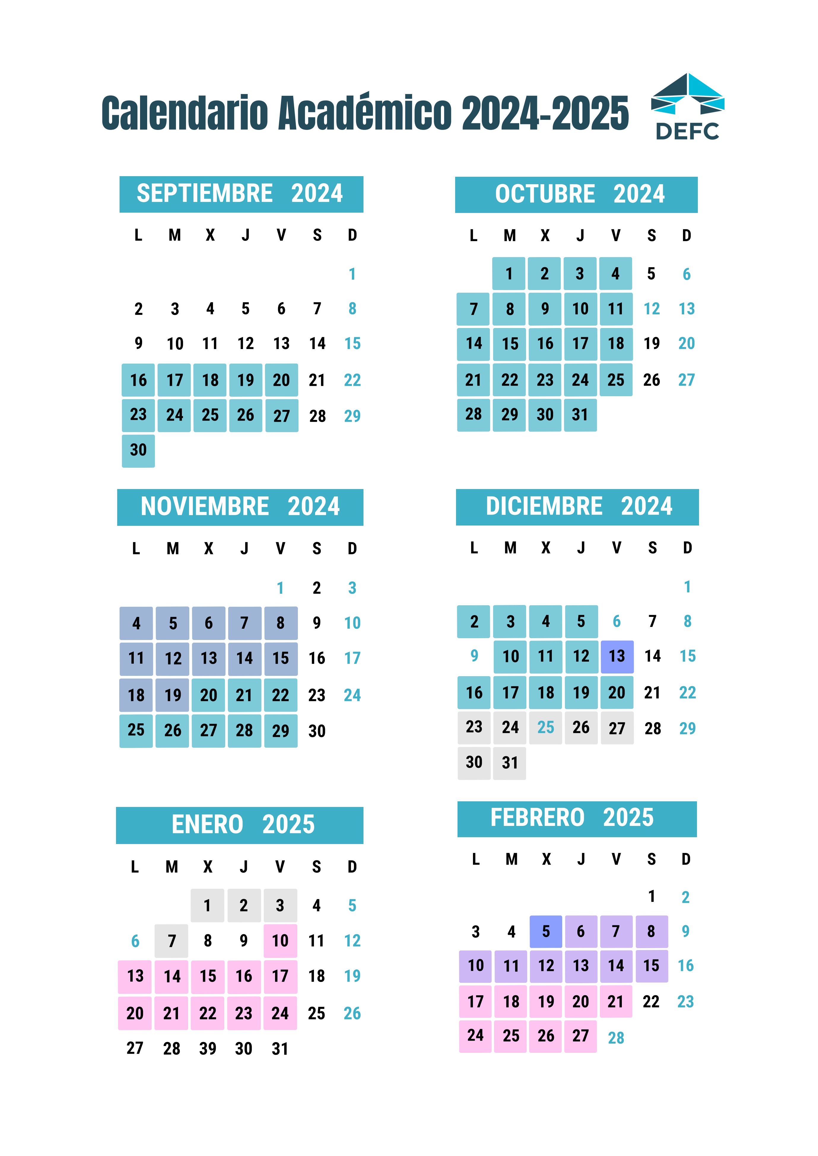 Captura del calendario donde se ve los meses de septembre a febrero