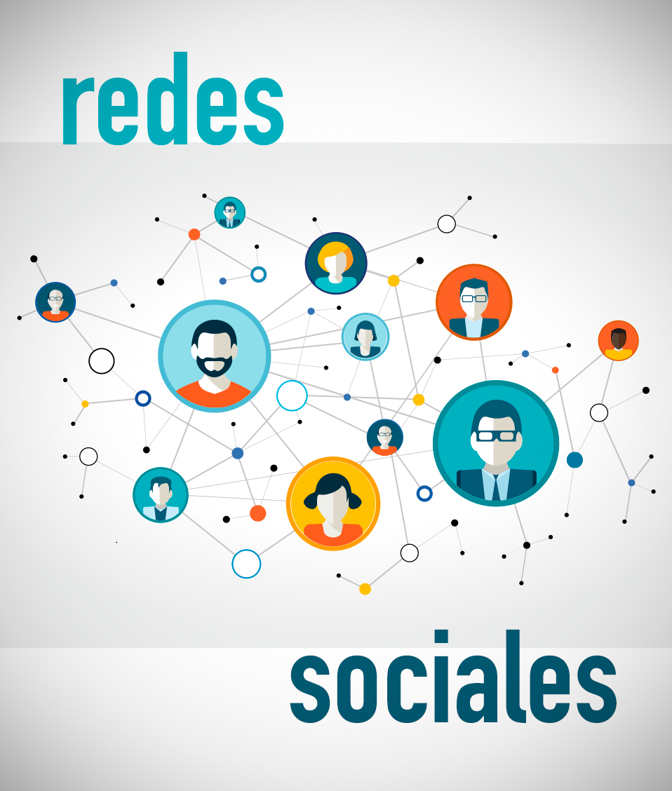 Iconos de personas en círculos conectados por líneas a los demás donde se puede leer: redes sociales, media y social