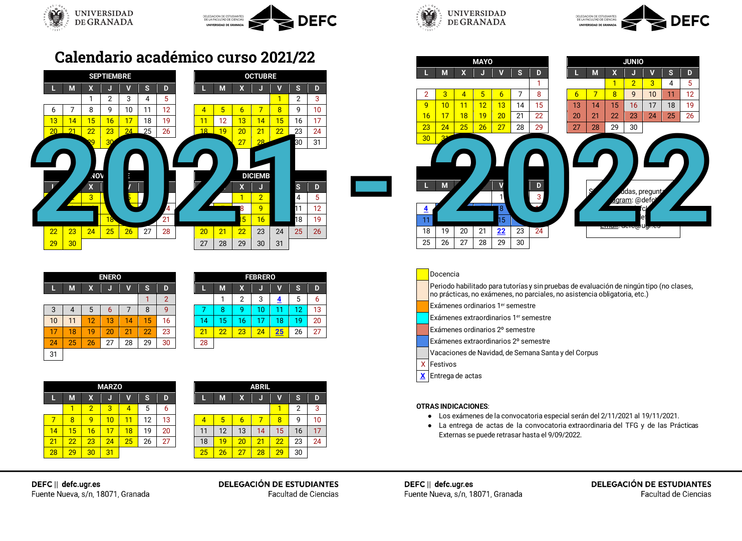 Calendario académico del curso 2021-2022