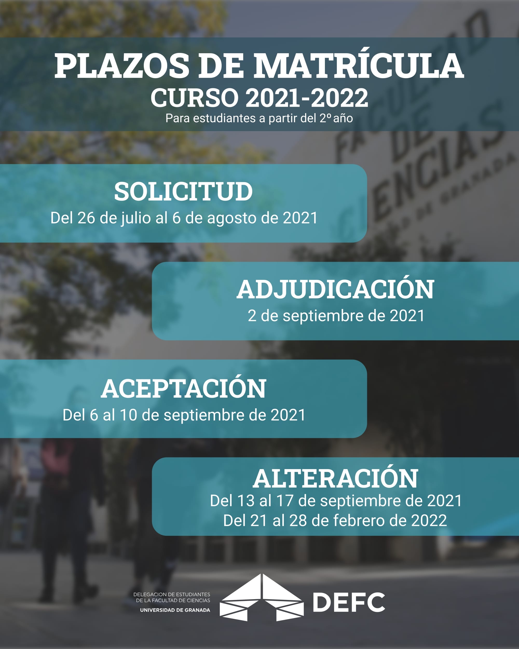Plazos de matrícula del curso 2021-2022