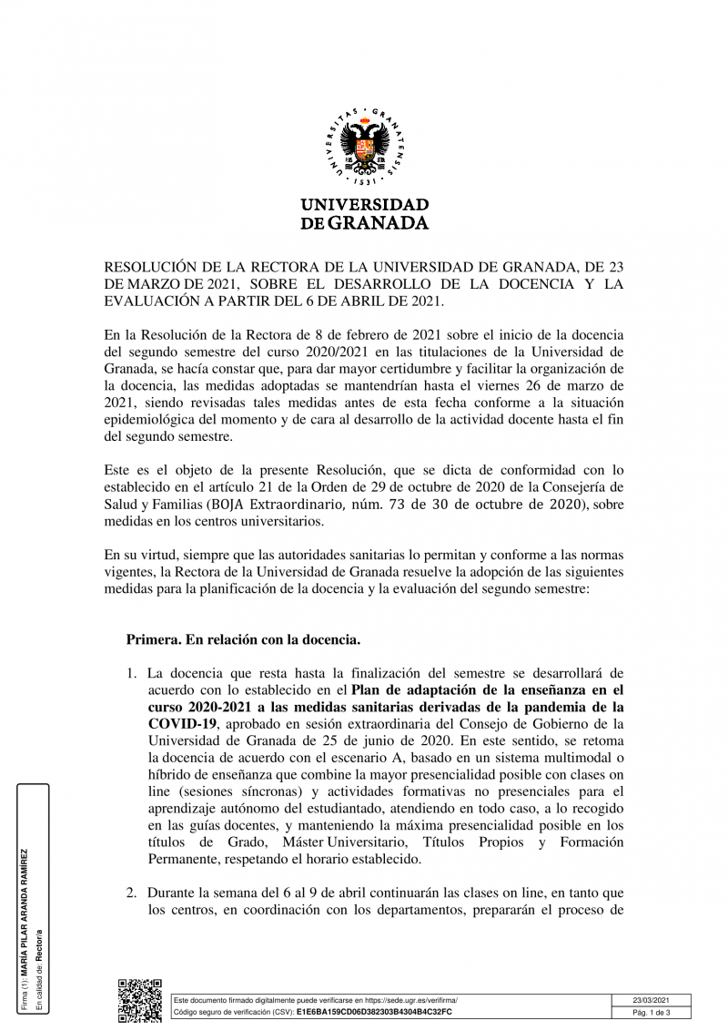 Resolución de la rectora de la Universidad de Granada, de 23 de marzo de 2021, sobre el desarrollo de la docencia y la evaluación a partir del 6 de abril de 2021