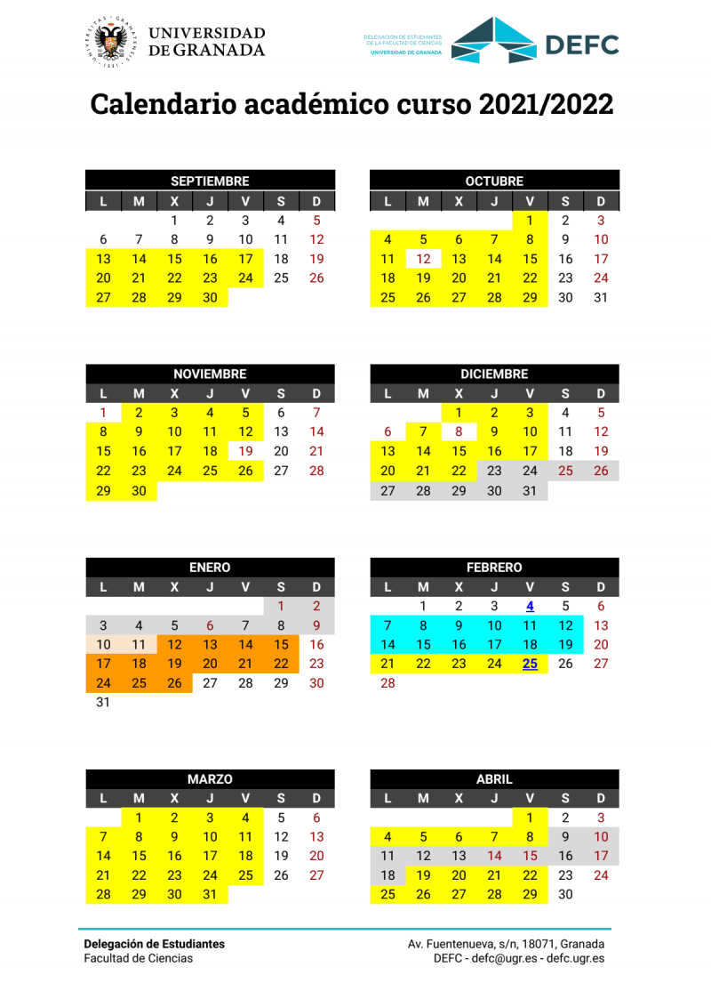 Calendario académico del curso 2021/2022