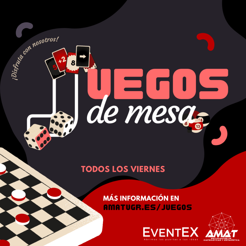 Tardes de Juegos de Mesa Cartel publicitario de la actividad con el título, las fechas, el lugar y varios juegos de mesa de fondo