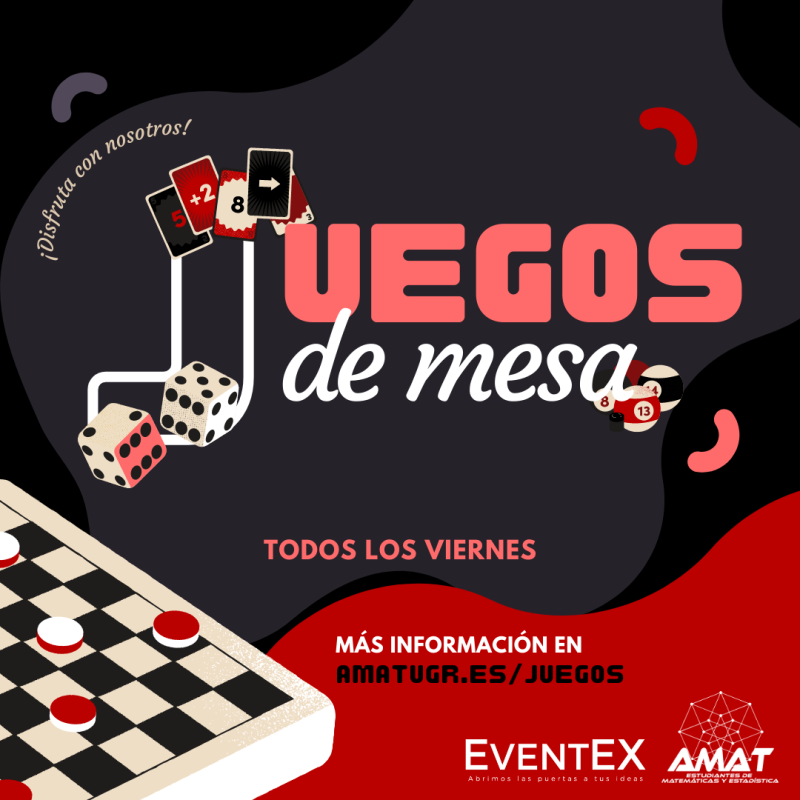 Cartel publicitario de la actividad con el título, las fechas, el lugar y varios juegos de mesa de fondo