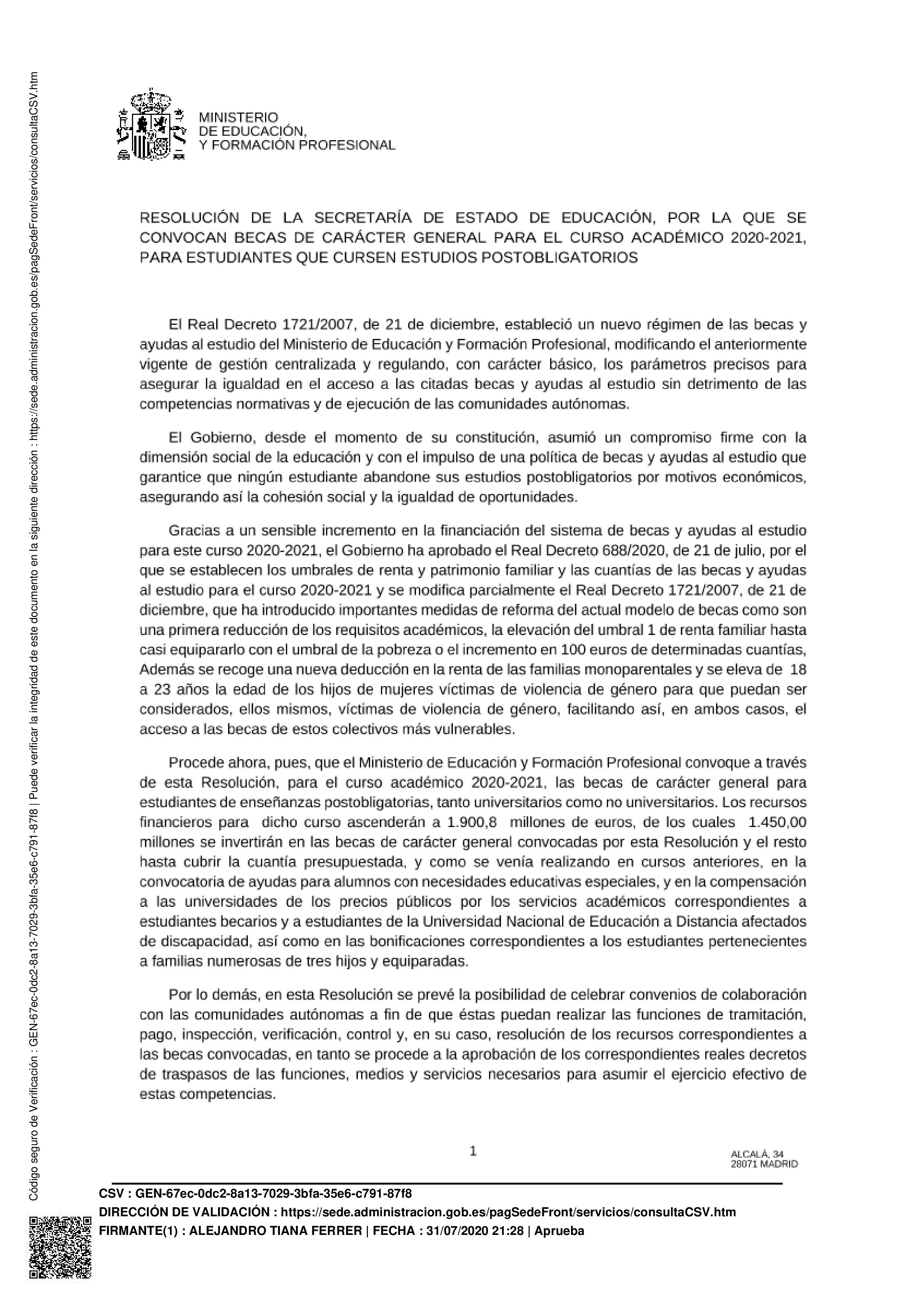 Convocatoria de Becas MEFP 2020-2021 Convocatoria de Becas MEFP 2020-2021